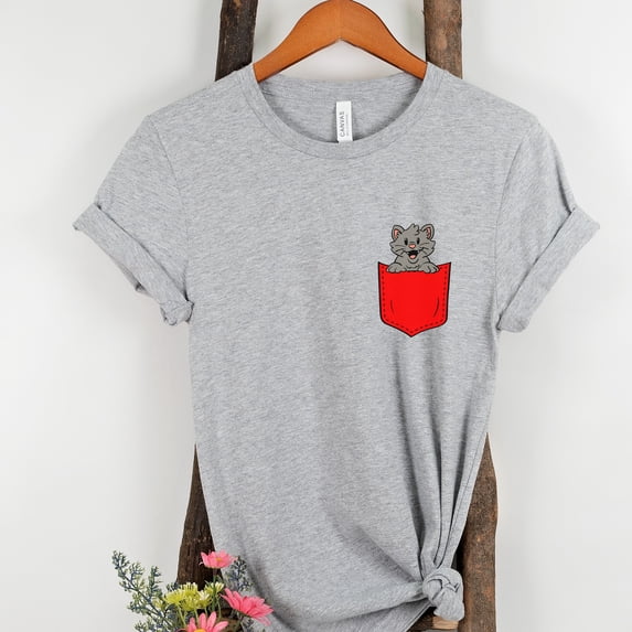 Pocket Peekaboo Cat Animal Shirt, Cat Lover, Gift, Cute Pocket Gift for Animal Lover Tee, Animal Graphic Tees, Minimalist Animal Shirt (Colors:Athletic Heather; Sizes:XL;)