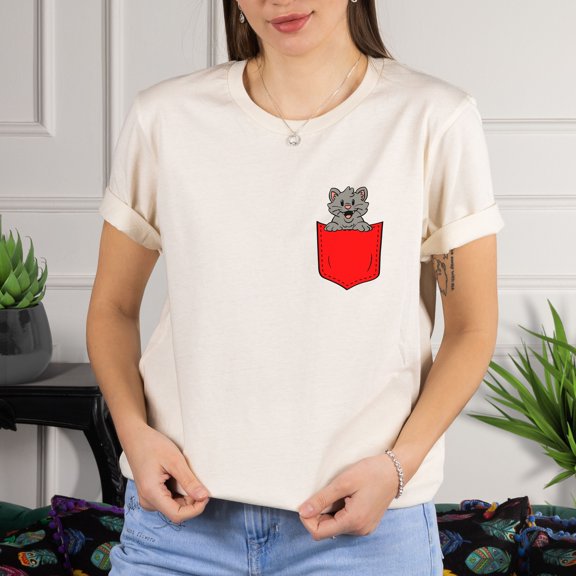 Pocket Peekaboo Cat Animal Shirt, Cat Lover, Gift, Cute Pocket Gift for Animal Lover Tee, Animal Graphic Tees, Minimalist Animal Shirt (Colors:Natural; Sizes:M;)
