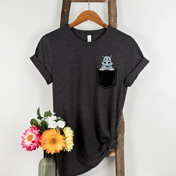 Pocket Peekaboo Hippo Animal Shirt, Hippo Lover, Gift, Cute Pocket Gift for Animal Lover Tee, Animal Graphic Tees, Minimalist Animal Shirt (Colors:Dark Grey Heather; Sizes:2XL;)