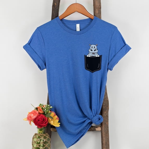 Pocket Peekaboo Hippo Animal Shirt, Hippo Lover, Gift, Cute Pocket Gift for Animal Lover Tee, Animal Graphic Tees, Minimalist Animal Shirt (Colors:Heather True Royal; Sizes:2XL;)