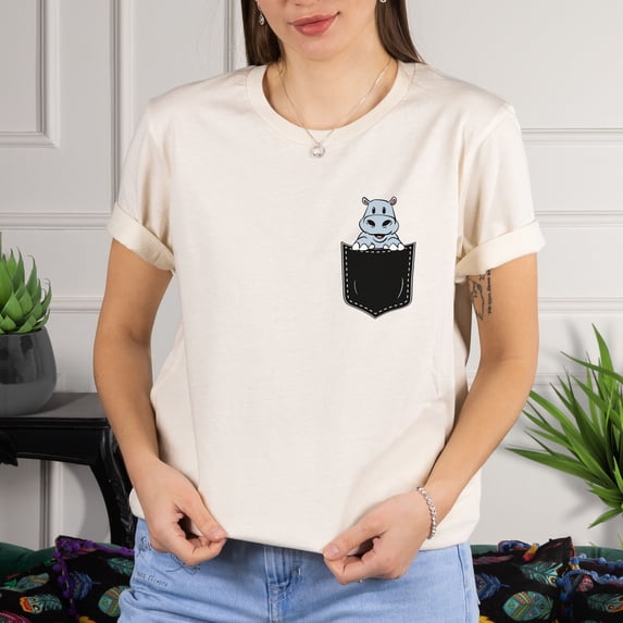 Pocket Peekaboo Hippo Animal Shirt, Hippo Lover, Gift, Cute Pocket Gift for Animal Lover Tee, Animal Graphic Tees, Minimalist Animal Shirt (Colors:Natural; Sizes:S;)