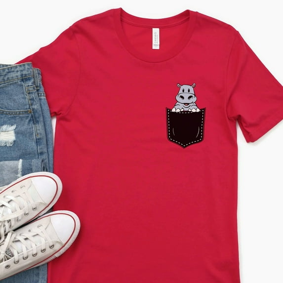 Pocket Peekaboo Hippo Animal Shirt, Hippo Lover, Gift, Cute Pocket Gift for Animal Lover Tee, Animal Graphic Tees, Minimalist Animal Shirt (Colors:Red; Sizes:XL;)