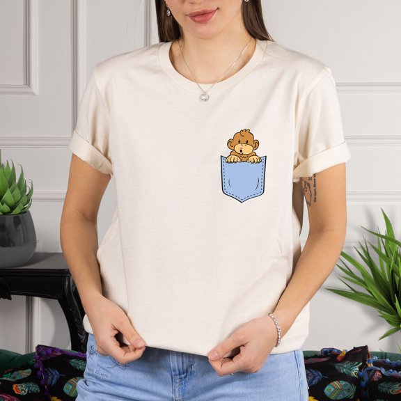 Pocket Peekaboo Monkey Animal Shirt, Monkey Lover, Gift, Cute Pocket Gift for Animal Lover Tee, Animal Graphic Tees, Minimalist Animal Shirt (Colors:Natural; Sizes:M;)