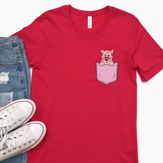 Pocket Peekaboo Pig Animal Shirt, Pig Lover Gift, Cute Pocket Gift for Animal Lover Tee, Animal Graphic Tees, Minimalist Animal Shirt (Colors:Red; Sizes:3XL;)