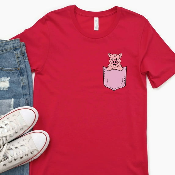 Pocket Peekaboo Pig Animal Shirt, Pig Lover Gift, Cute Pocket Gift for Animal Lover Tee, Animal Graphic Tees, Minimalist Animal Shirt (Colors:Red; Sizes:L;)