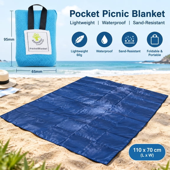 Pocket Picnic Blanket, Lightweight Waterproof Sand-Resistant Outdoor Mat, Foldable Beach and Camping Ground Sheet, Blue, 110 x 70 cm