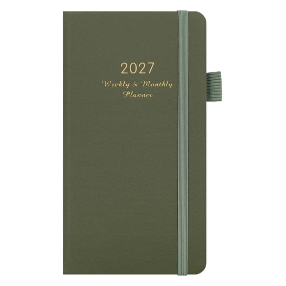 Pocket Planner 2027 Weekly and Monthly (3.9" x 7.1") 18 Months Small Academic Calendar, 72 Sheets/144 Pages, Ideal for Study, Work & Home, Storage Pocket, PU Leather Hardcover,Fern