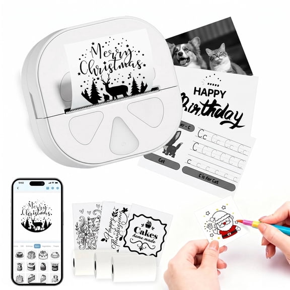 Pocket Printer for iPhone/Android, Wireless Mini Sticker Printer with 3rolls Journal Memo Photo Study, The Perfect Christmas Gift, Memo Sticker Creation, Portable Photo Printer, WHITE