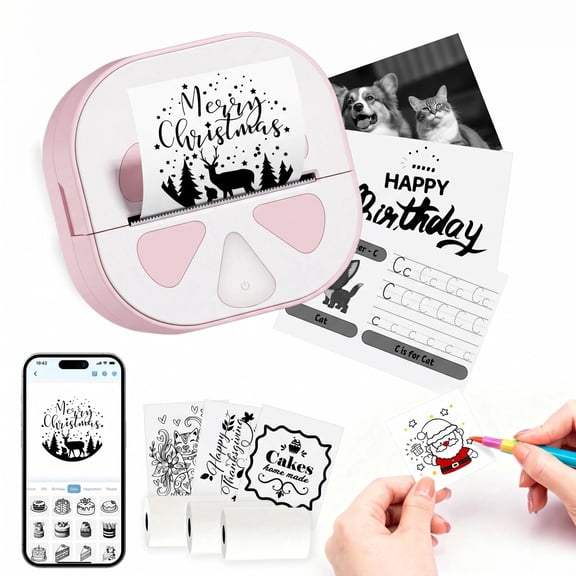 Pocket Printer for iPhone/Android, Wireless Mini Sticker Printer with 3rolls Journal Memo Photo Study, The Perfect Christmas Gift, Memo Sticker Creation, Portable Photo Printer, PINK