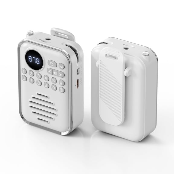 Pocket Radio, Personal FM Portable Radio with Bluetooth Speaker, Clip-on Mini FM Radio Auto Scan Rechargeable Support TF Card TWS Pairing 5W Speaker Earphones Jack for Walking Jogging (White)