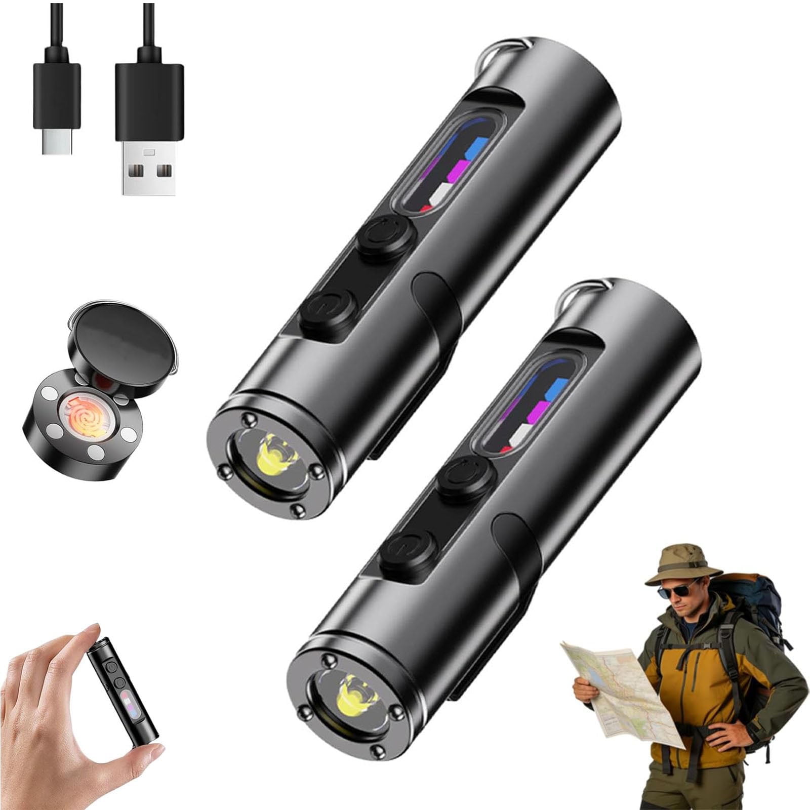 Pocket Rechargeable EDC Flashlight: 500 Lumens Mini Keychain Light with Fire Starter & Window Breake, C Interface - Magnetic Base, for Camping, Everyday Carry