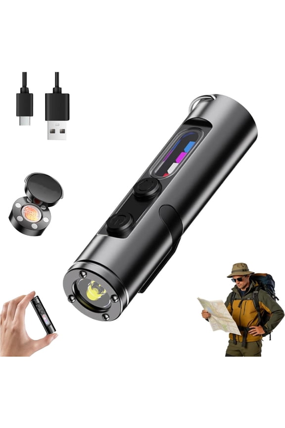 Pocket Rechargeable EDC Flashlight: 500 Lumens Mini Keychain Light with Fire Starter & Window Breake, C Interface - Magnetic Base, for Camping, Everyday Carry