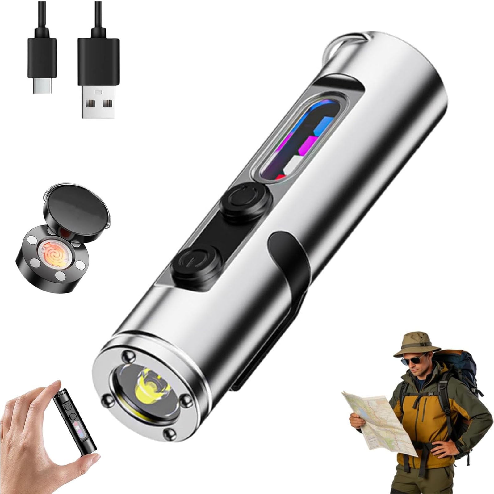 Pocket Rechargeable EDC Flashlight: 500 Lumens Mini Keychain Light with Fire Starter & Window Breake, C Interface - Magnetic Base, for Camping, Everyday Carry