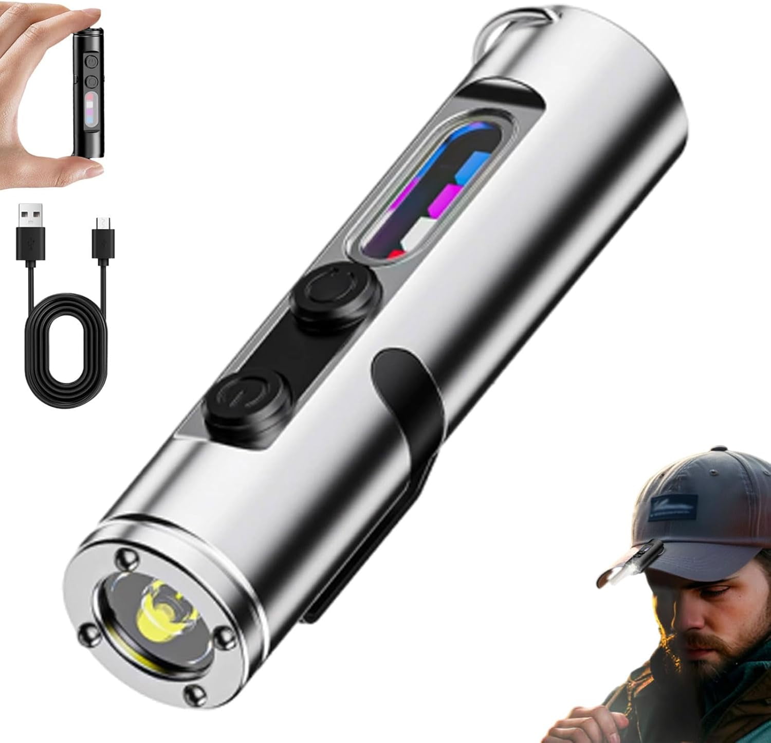 Pocket Rechargeable EDC Flashlight: 500 Lumens Mini Keychain Light with Fire Starter & Window Breaker, with 5 Modes Rechargeable Keychain Torch Magnetic Base for Camping and Travel