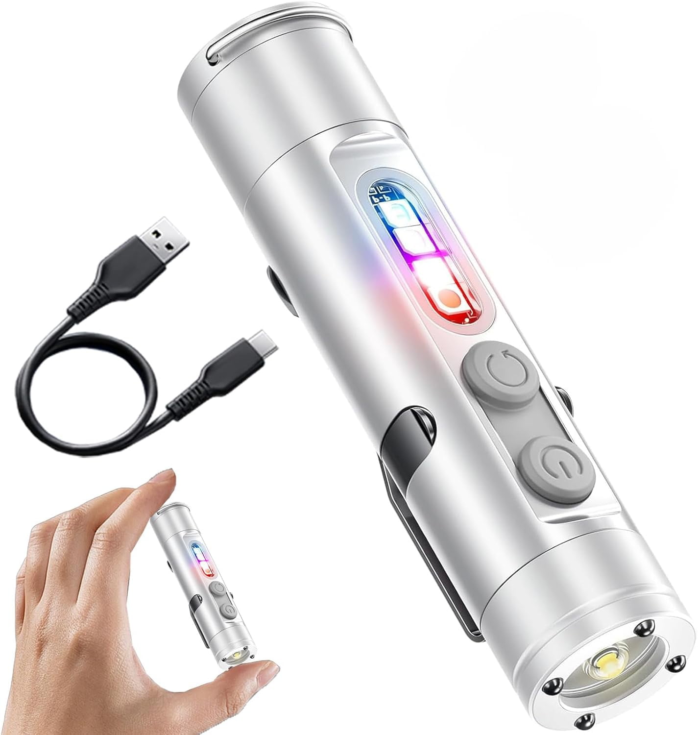 Pocket Rechargeable EDC Flashlight - 500 Lumens Mini Keychain Light with Fire Starter, Window Breaker & Magnetic Base, Multi-Color & UV Side Lights, Emergency Strobe for Camping, Travel, Car Survival