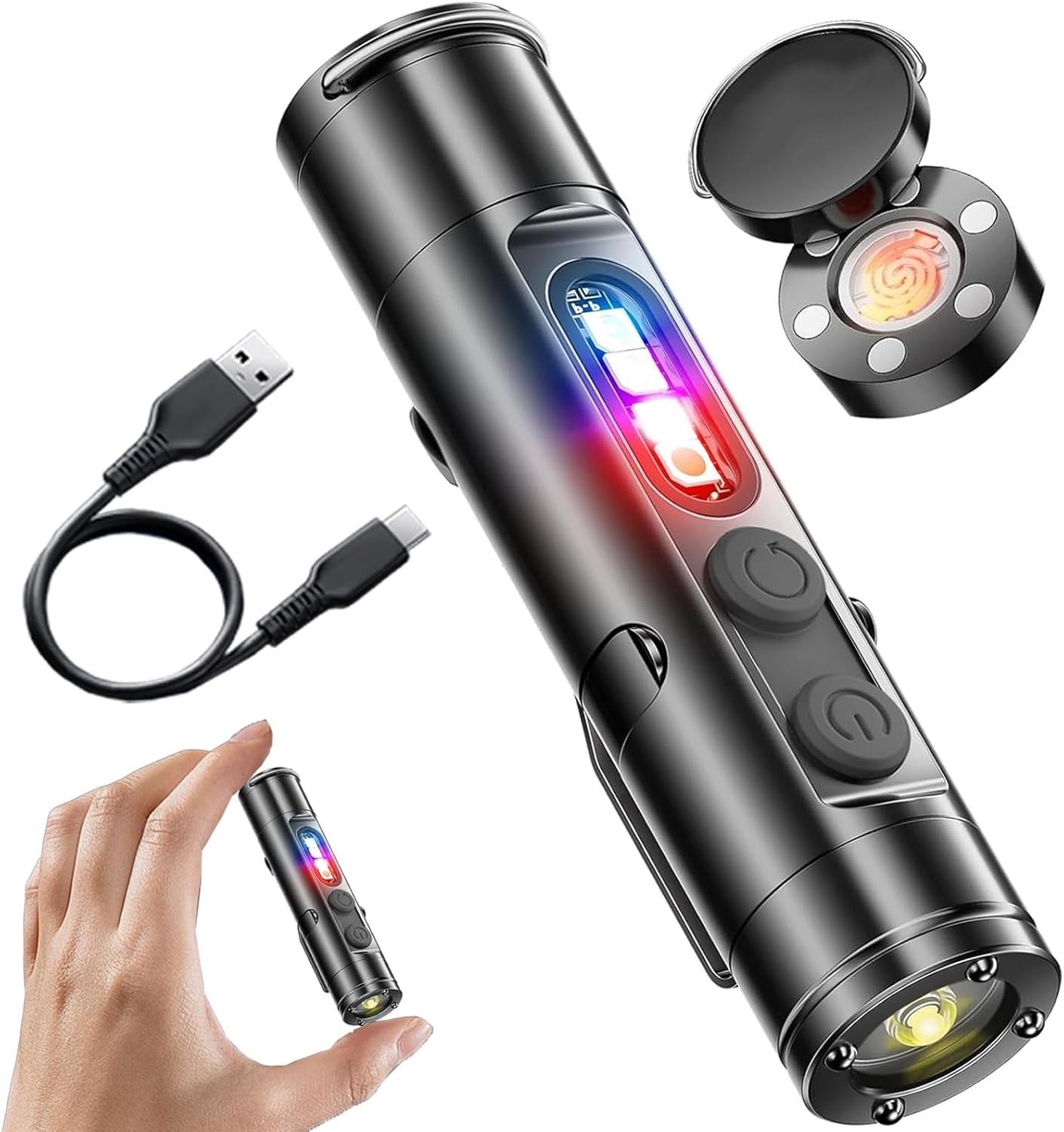 Pocket Rechargeable EDC Flashlight - 500 Lumens Mini Keychain Light with Fire Starter, Window Breaker & Magnetic Base, Multi-Color & UV Side Lights, Emergency Strobe for Camping, Travel, Car Survival