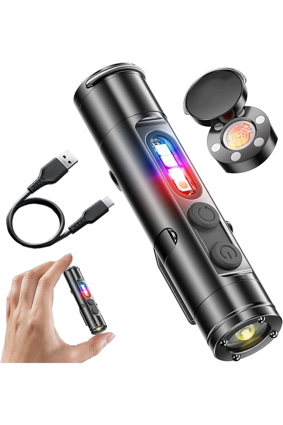 Pocket Rechargeable EDC Flashlight - 500 Lumens Mini Keychain Light with Fire Starter, Window Breaker & Magnetic Base, Multi-Color & UV Side Lights, Emergency Strobe for Camping, Travel, Car Survival