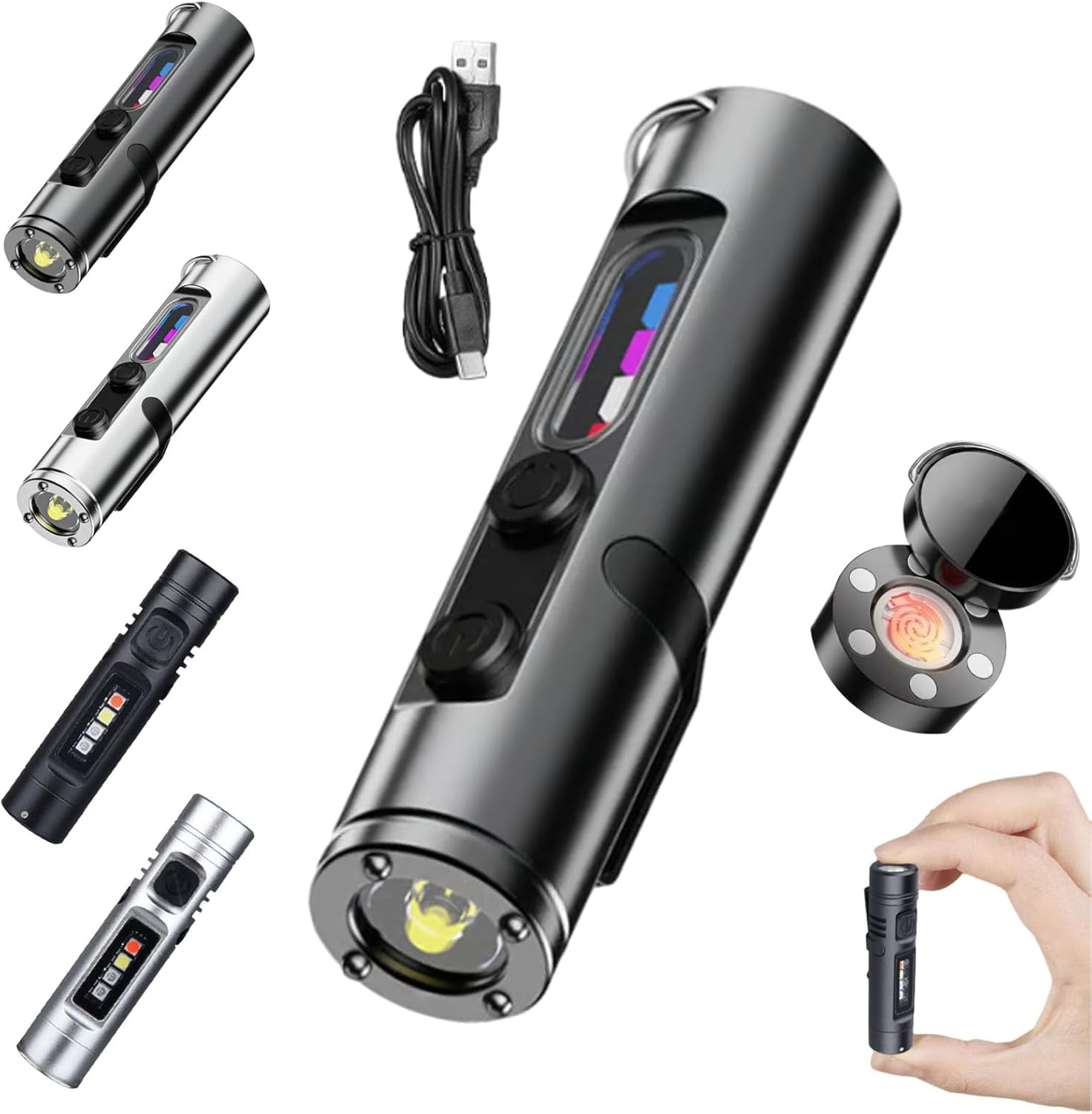 Pocket Rechargeable EDC Flashlight, Mini Keychain Light with Fire Starter, Magnetic Base Lamp for Camping Hiking