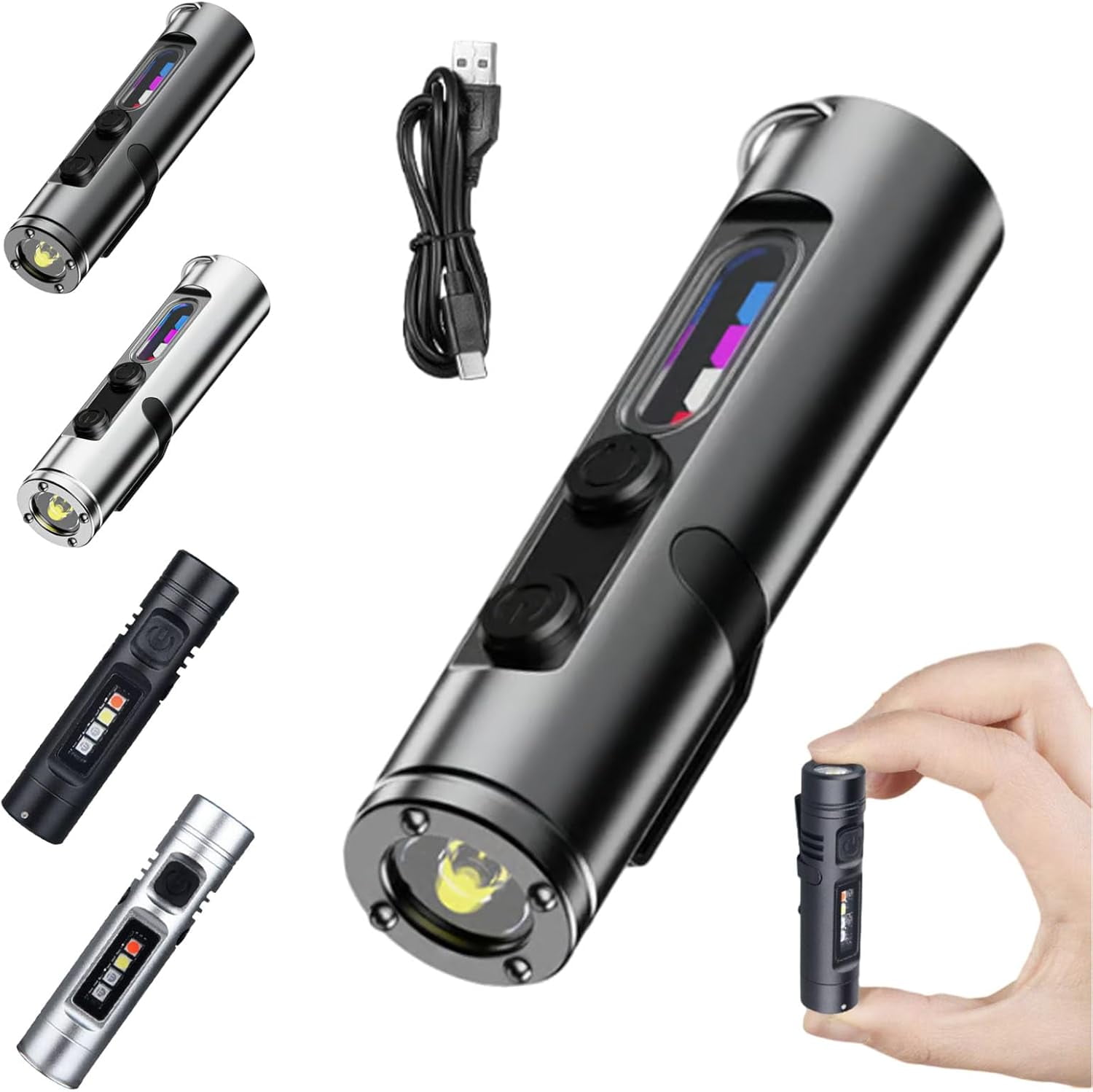 Pocket Rechargeable EDC Flashlight, Mini Keychain Light with Fire Starter, Magnetic Base Lamp for Camping Hiking