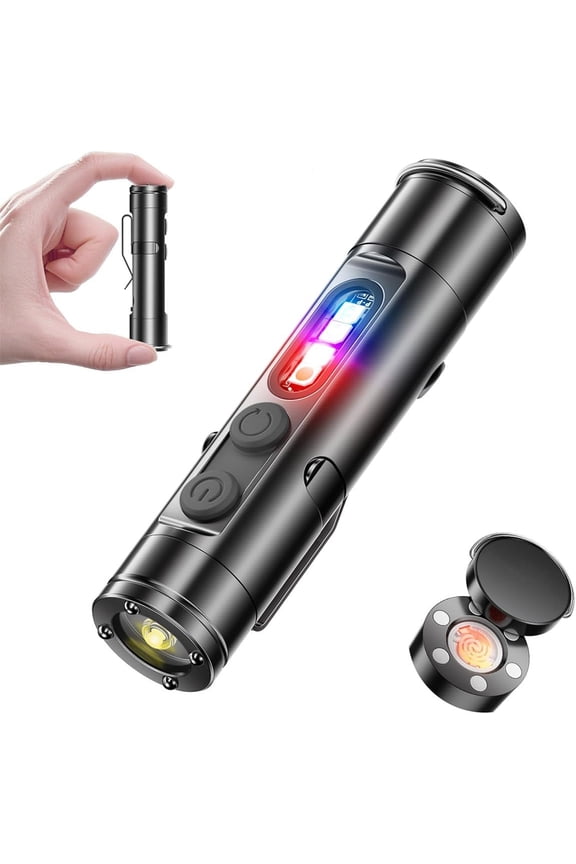 Pocket Rechargeable Edc Flashlight: Mini Keychain Light with Fire Starter & Window Breaker, Mini Light with Fire Starter, Magnetic Emergency Bright Keychain Flashlight for Camping, Hiking(Black)
