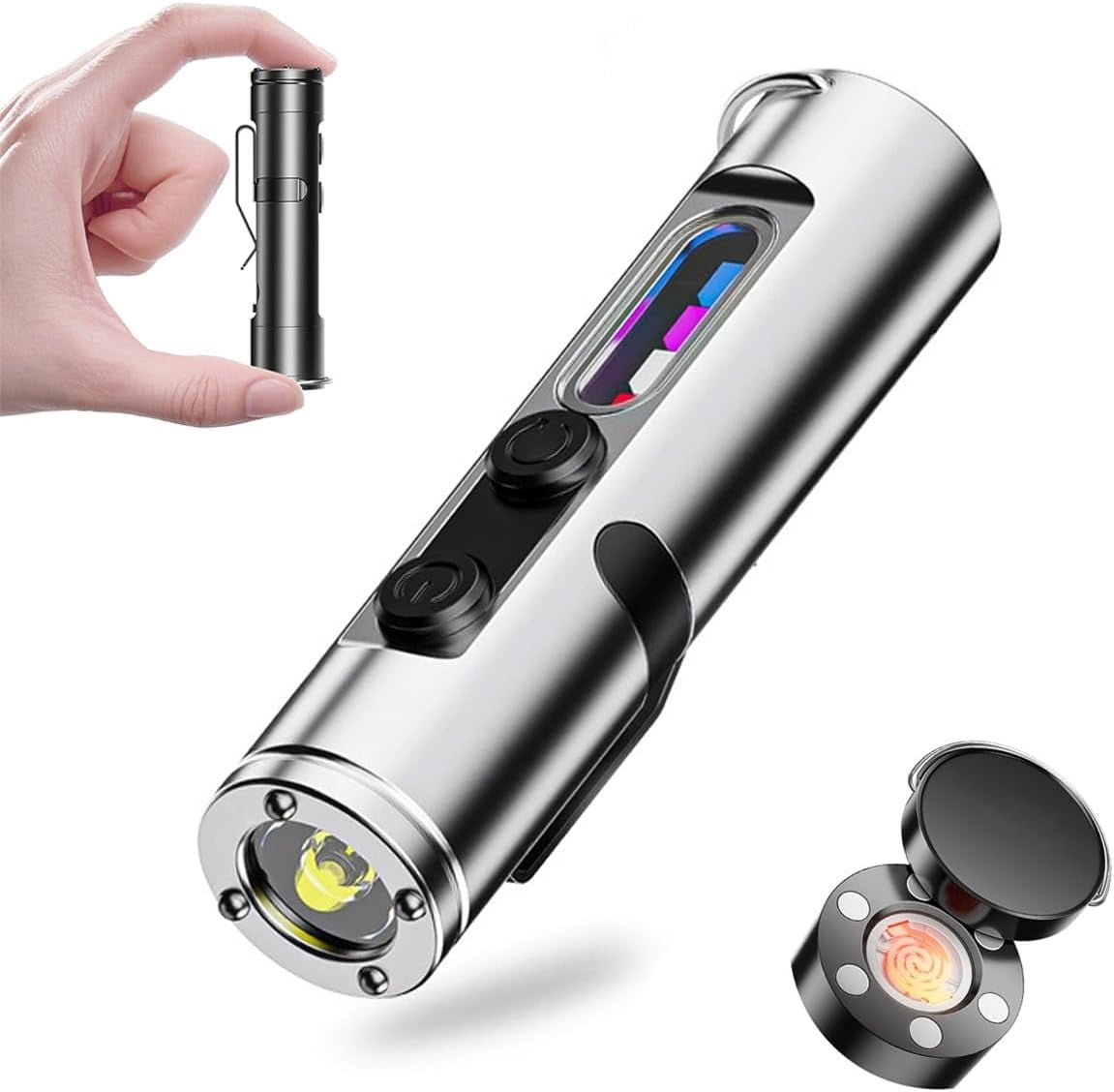 Pocket Rechargeable Edc Flashlight: Mini Keychain Light with Fire Starter & Window Breaker, Mini Light with Fire Starter, Magnetic Emergency Bright Keychain Flashlight for Camping, Hiking(Silver)