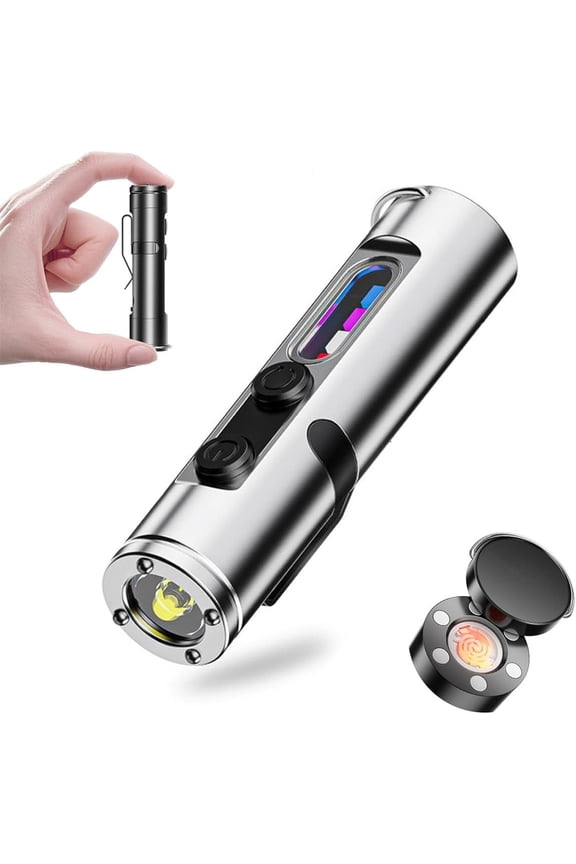 Pocket Rechargeable Edc Flashlight: Mini Keychain Light with Fire Starter & Window Breaker, Mini Light with Fire Starter, Magnetic Emergency Bright Keychain Flashlight for Camping, Hiking(Silver)