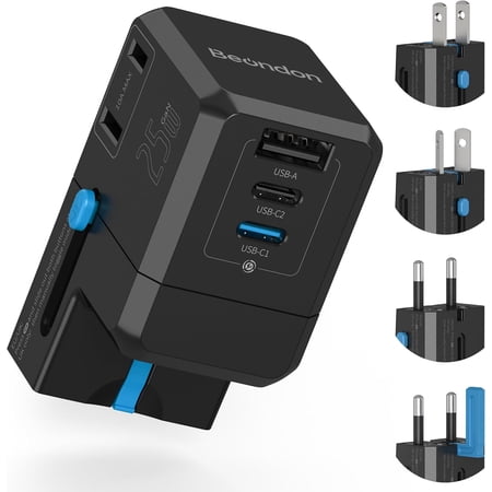 Pocket-Sized International Power Adapter, 5-in-1 European Travel Plug with Dual USB-C (25W PD + 15W) & USB-A, 2 Polarized US AC Outlets for Europe UK AU IT JP