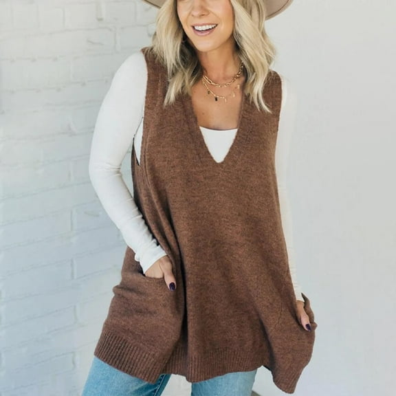 Pocket Sweater Vest Women Womens Sleeveless Sweater Vest V Neck Loose Knit Casual Flattering Tunic Top