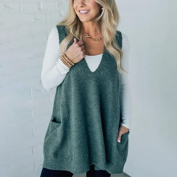 Pocket Sweater Vest Women Womens Sleeveless Sweater Vest V Neck Loose Knit Casual Flattering Tunic Top