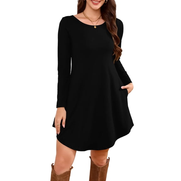 Pocket T-Shirt Dress, Long Sleeve Slouchy Crew Neck Midi Dress, Easy Everyday Dress for Women, Maternity, Travel & Weekend Wear Black S