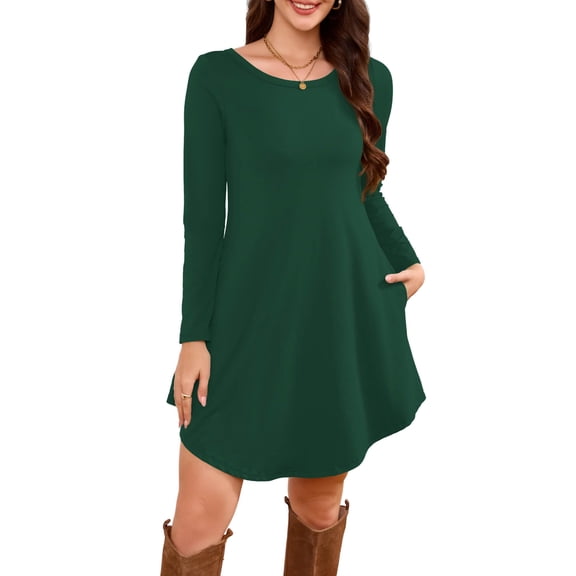 Pocket T-Shirt Dress, Long Sleeve Slouchy Crew Neck Midi Dress, Easy Everyday Dress for Women, Maternity, Travel & Weekend Wear Dark Green 2XL