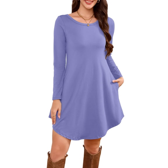 Pocket T-Shirt Dress, Long Sleeve Slouchy Crew Neck Midi Dress, Easy Everyday Dress for Women, Maternity, Travel & Weekend Wear Light Purple M