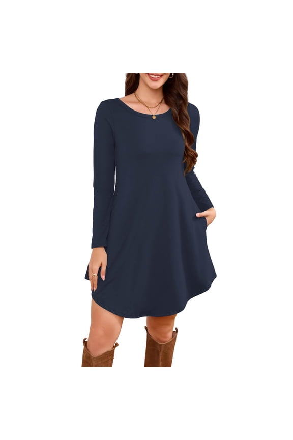 Pocket T-Shirt Dress, Long Sleeve Slouchy Crew Neck Midi Dress, Easy Everyday Dress for Women, Maternity, Travel & Weekend Wear Navy 3XL