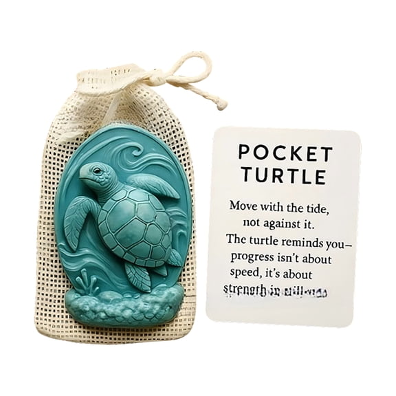 Pocket Turtle Figurine Handcrafted Pocket Hug Gift With Meticulous Hand-Carved Details, Inspirational Thoughtful Gift Set Including Drawstring Pouch And Inspirational Card, Small