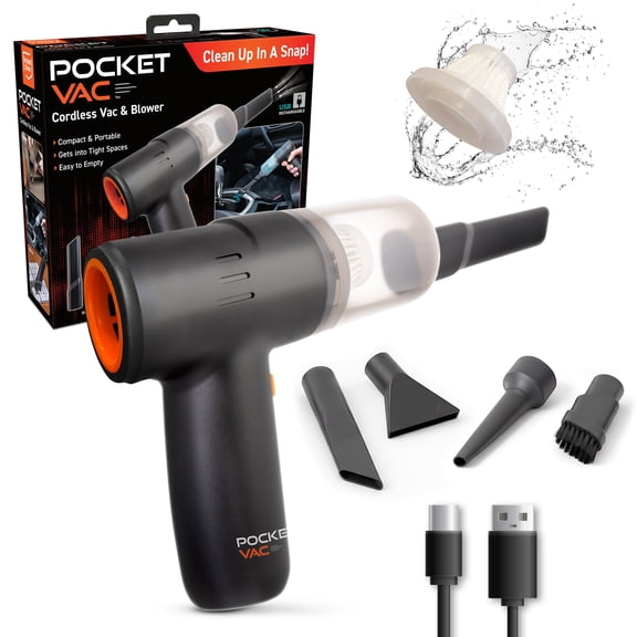 Pocket Vac 2-in-1 Handheld Vacuum Blower, HEPA Filter, Battery-Powered, Lightweight, Portable, Car & Home