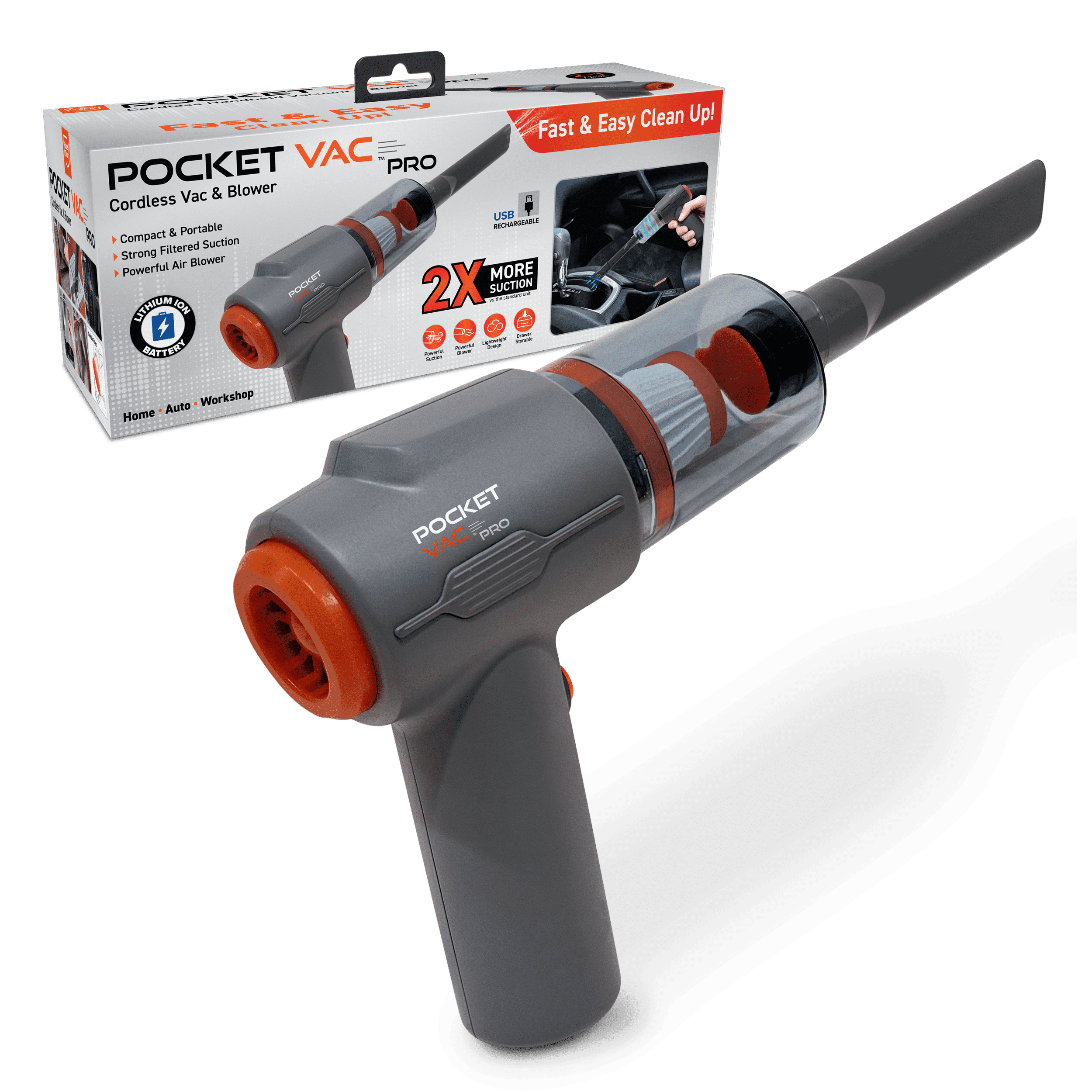 Pocket Vac Pro Cordless Handheld Vacuum , Blower with 3ft Telescoping Wand, USB Rechargeable