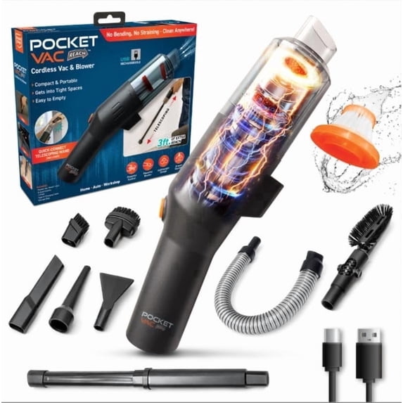 Pocket Vac Reach Handheld Vacuum & Blower with Telescoping Wand, Black