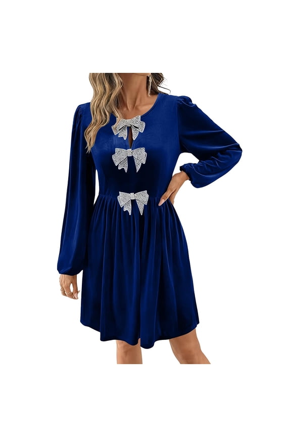 Pocket Velvet Dress, Long Sleeve Shift Dress for Everyday Elegance, Comfortable Festive Dress for Christmas Shopping and Family Dinners Dark Blue M