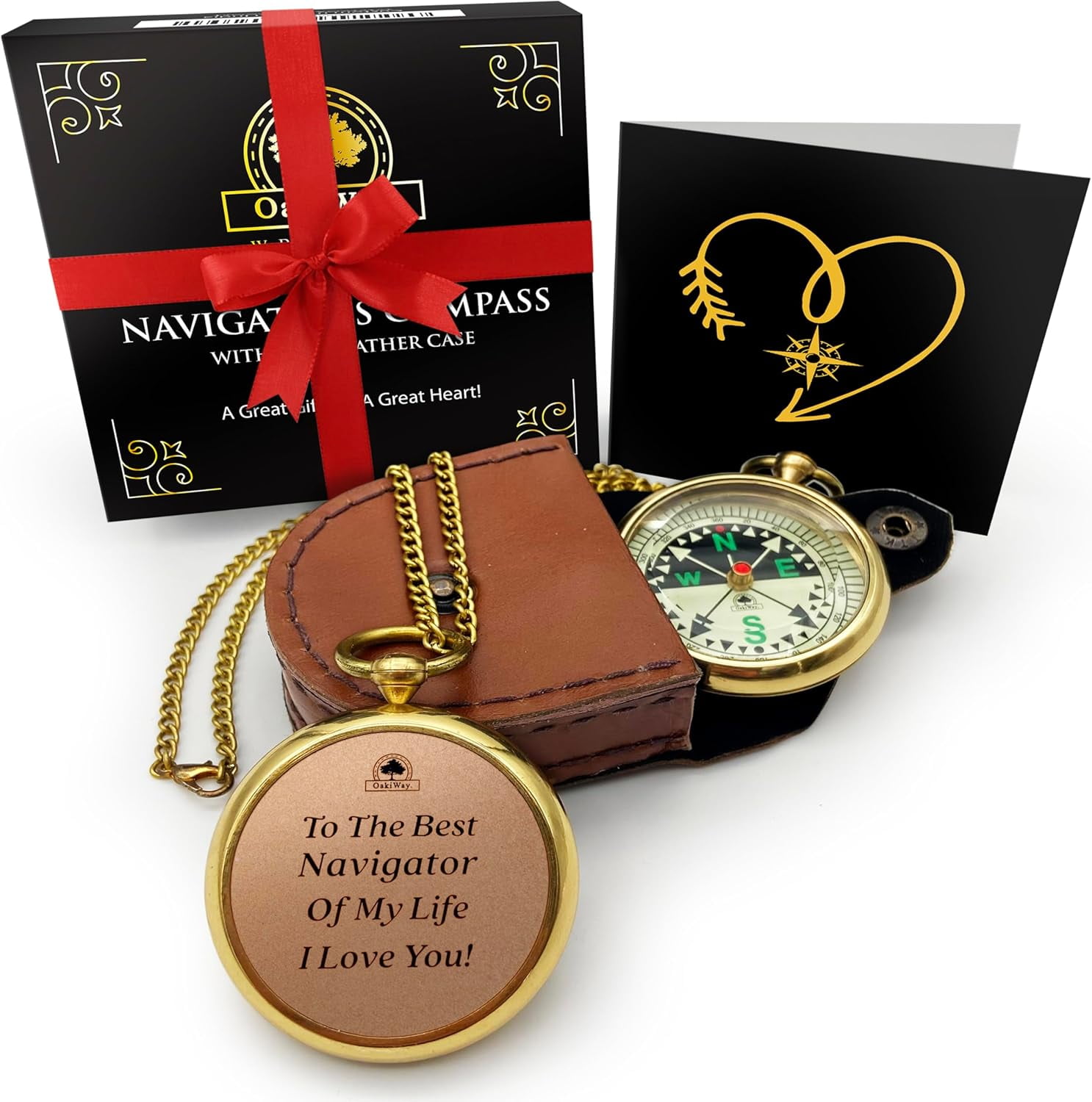 OakiWay Luxury Compass in Leather Case with Brass Chain – Thoughtful Gift for Dad & Child. Ideal Gift for Hiker, Traveler, Or Outdoor Enthusiast
