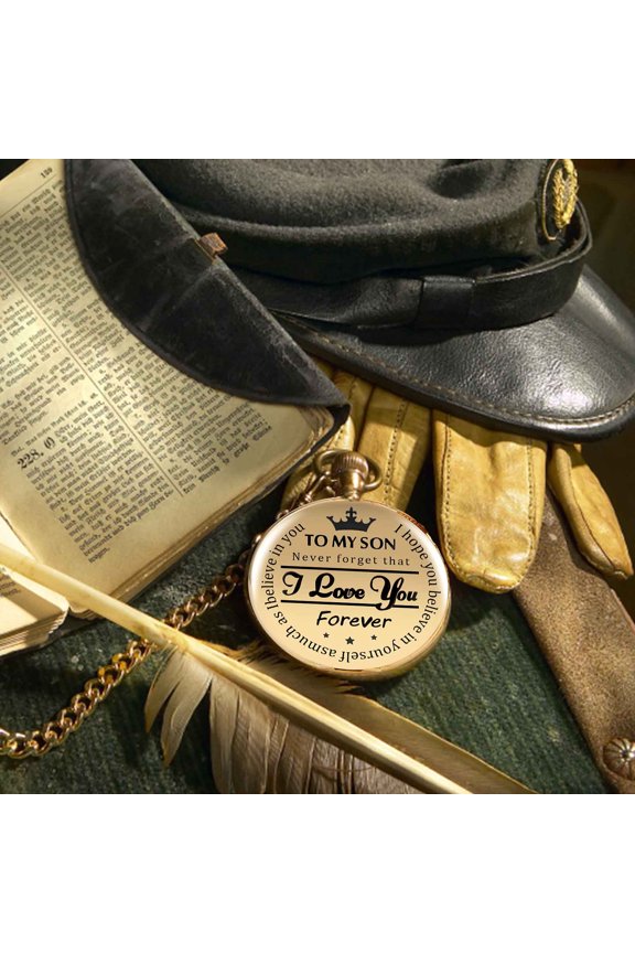 Pocket Watch, Engraved Commemorative Waist Chain Pocket Watch, To My Son Fashion Lettering Gift for Men Graduation Birthday Christmas, Gold