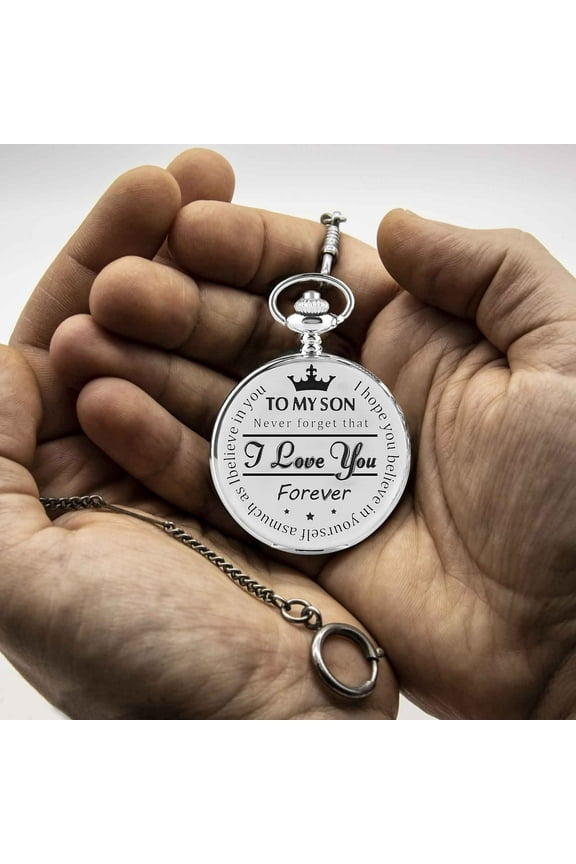 Pocket Watch, Engraved Commemorative Waist Chain Pocket Watch, To My Son Fashion Lettering Gift for Men Graduation Birthday Christmas, Silver