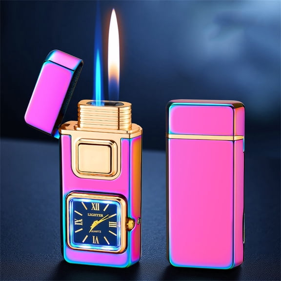 Pocket Watch Lighter Dual Flame Torch Lighter with LED Clock & Flashlight, USB-C Rechargeable Windproof Gift for Men