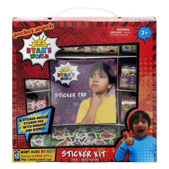 Pocket Watch Ryan's World Sticker Kit Over 1000 Stickers - 14 Sheets Gift for Kids Pre-School DIY Arts Playset and Halloween Christmas Stocking Stuffer