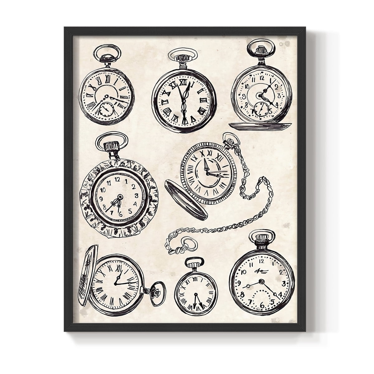 Pocket Watch Sketches I in Black Solid Wood 11 x 14 Framed Print