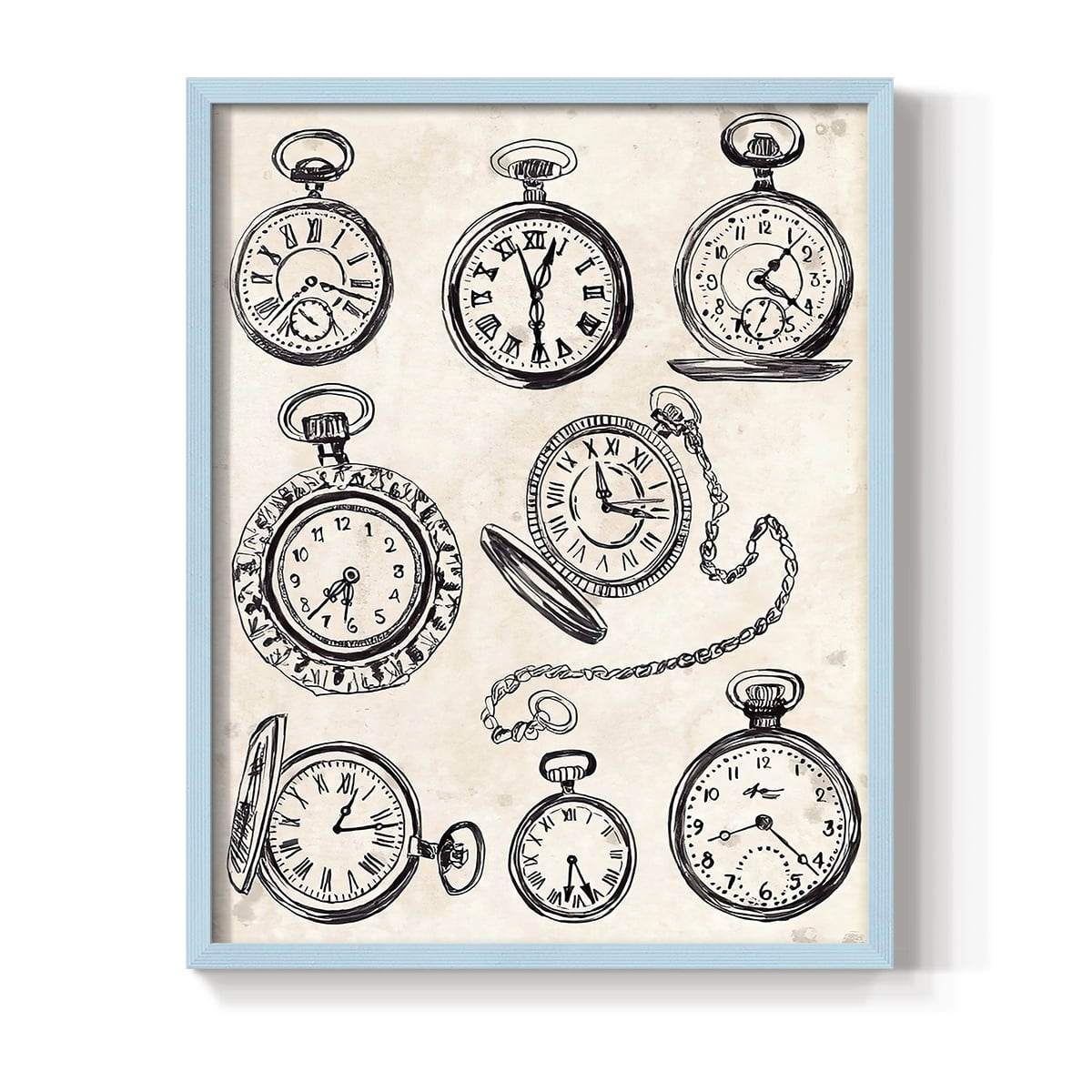 Pocket Watch Sketches I in Blue Solid Wood 11 x 14 Framed Print