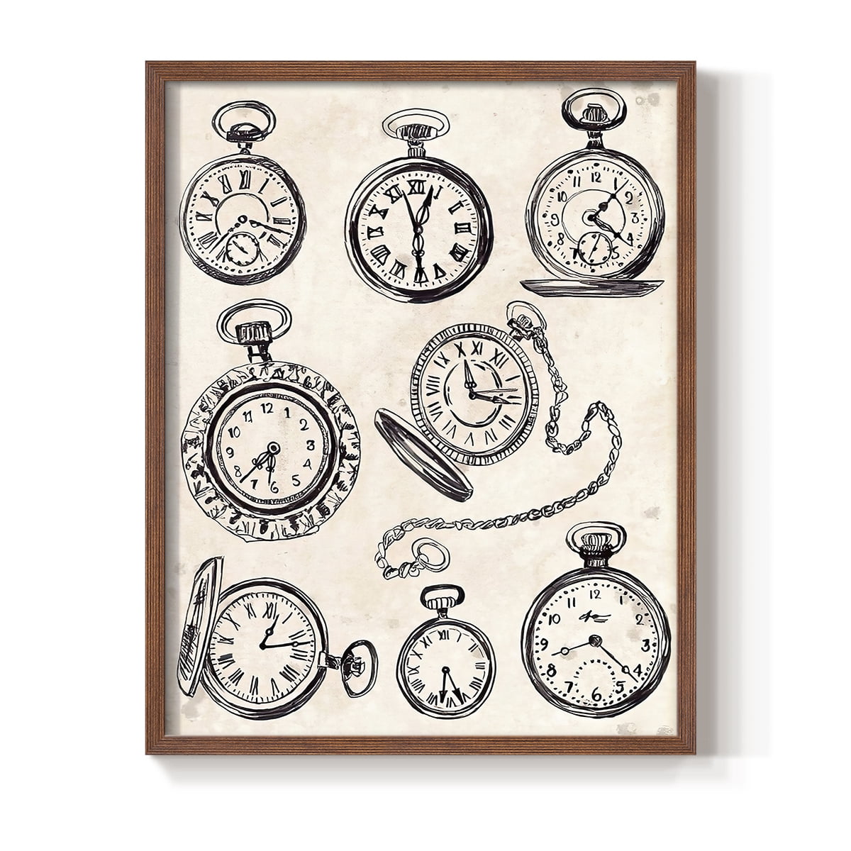 Pocket Watch Sketches I in Brown Solid Wood 11 x 14 Framed Print