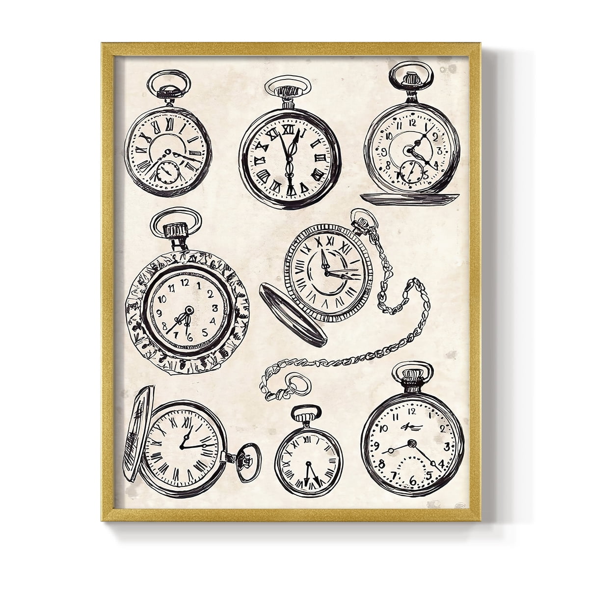 Pocket Watch Sketches I in Gold Solid Wood 8 x 10 Framed Print