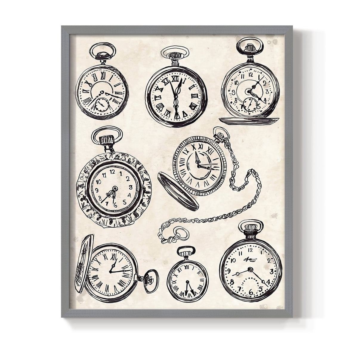 Pocket Watch Sketches I in Gray Solid Wood 8 x 10 Framed Print