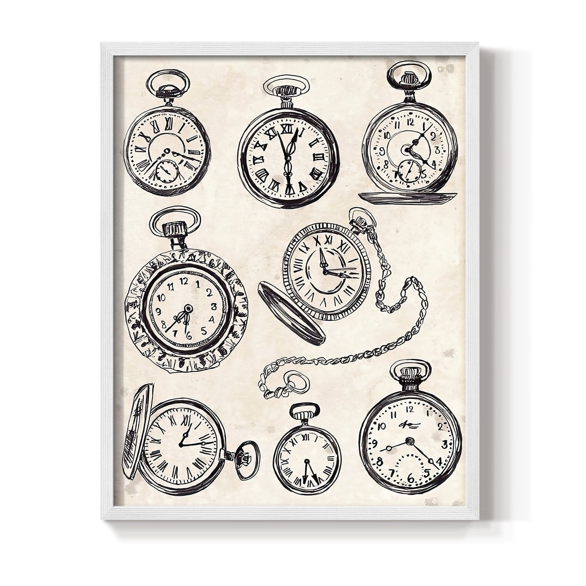 Pocket Watch Sketches I in White Solid Wood 8 x 10 Framed Print