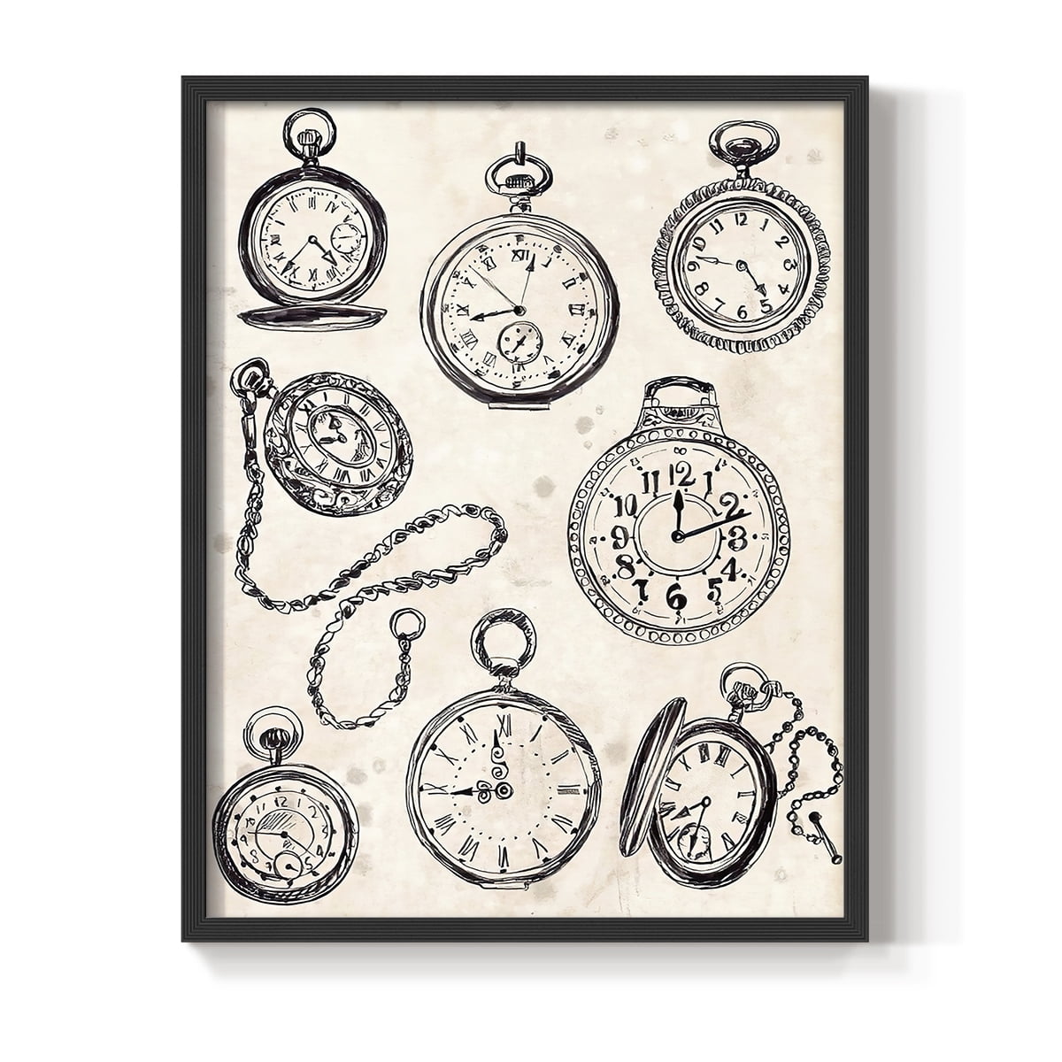 Pocket Watch Sketches II in Black Solid Wood 11 x 14 Framed Print